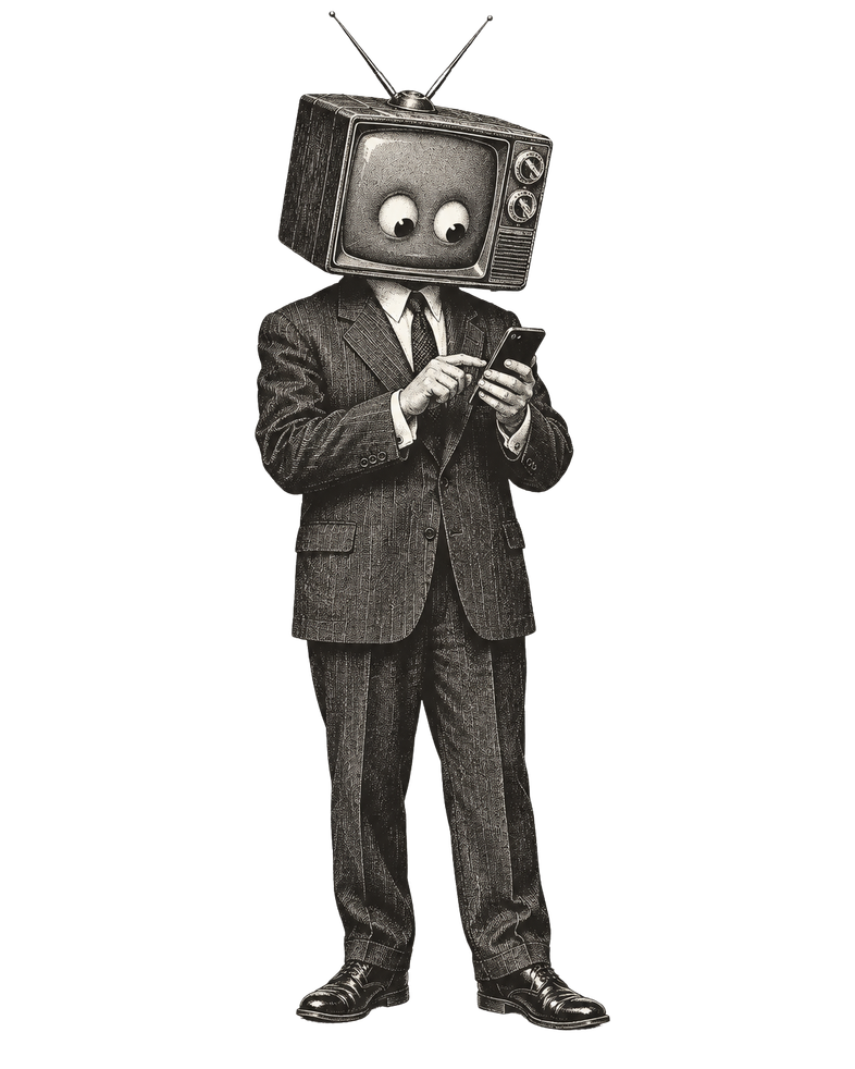 Hombre con televisión por cabeza viendo un teléfono