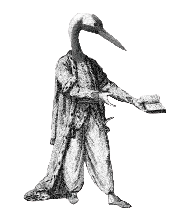 Figura con cabeza de ave sosteniendo un libro